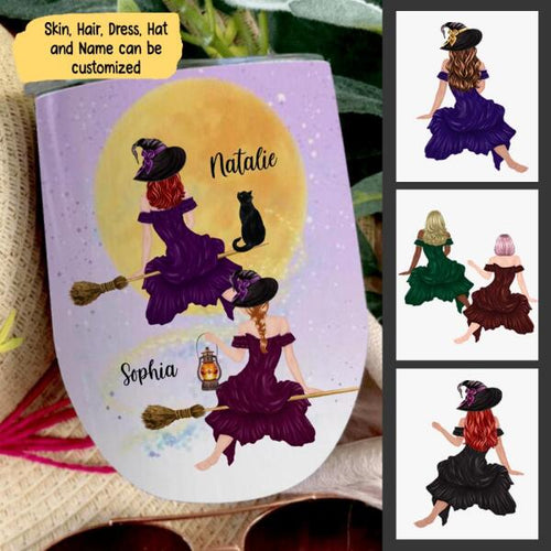 Sisters Witches Halloween Personalized Wine Tumbler - Girls and Names can be customized