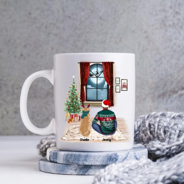 Christmas Man and Dog Personalized Mug - Man, Dogs and Names can be customized