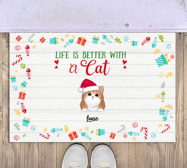 Christmas Life Is Better With Cat Personalized Doormat - Cats and Names can be customized