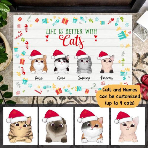 Christmas Life Is Better With Cat Personalized Doormat - Cats and Names can be customized