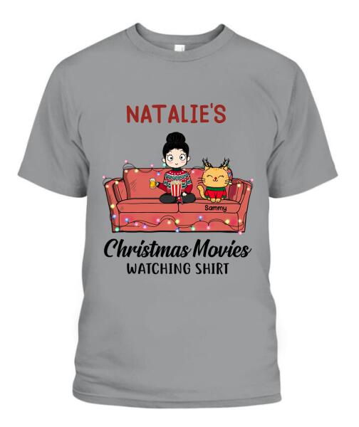 Christmas Movie Watching Girl And Cat Personalized Graphic Apparel - Girl, Cats and Names can be customized