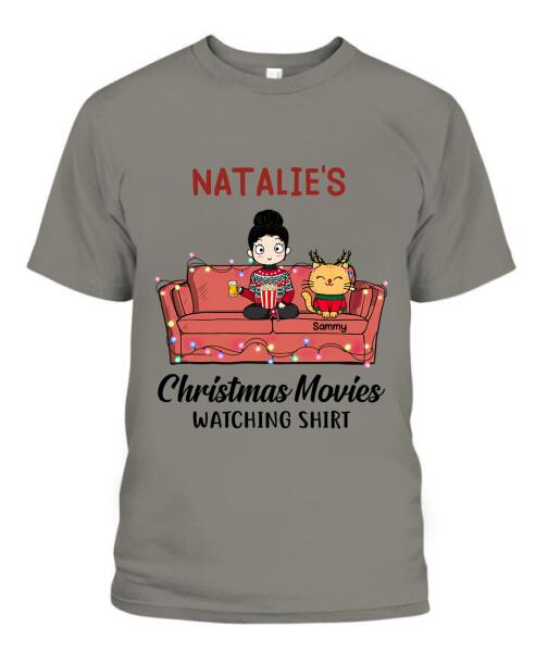 Christmas Movie Watching Girl And Cat Personalized Graphic Apparel - Girl, Cats and Names can be customized