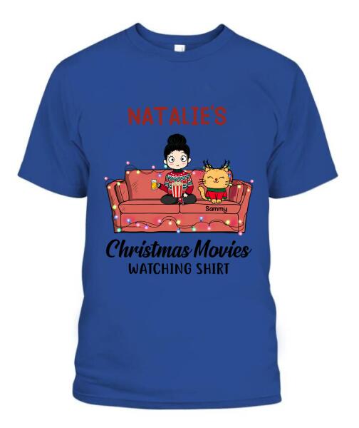 Christmas Movie Watching Girl And Cat Personalized Graphic Apparel - Girl, Cats and Names can be customized