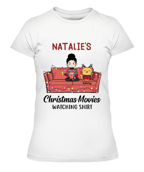 Christmas Movie Watching Girl And Cat Personalized Graphic Apparel - Girl, Cats and Names can be customized
