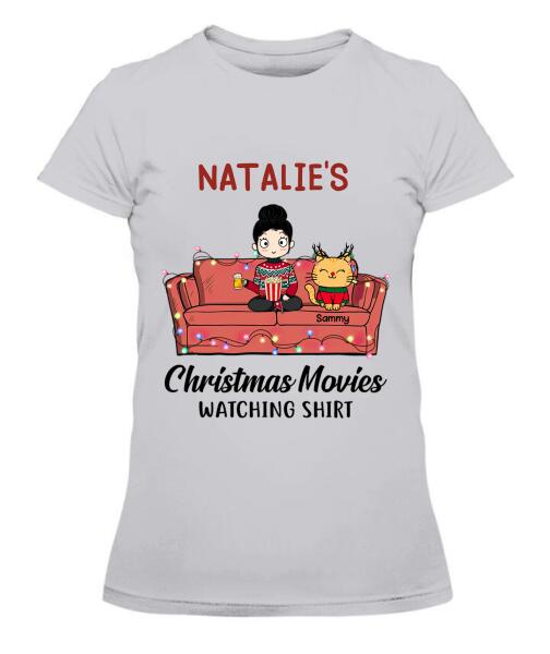 Christmas Movie Watching Girl And Cat Personalized Graphic Apparel - Girl, Cats and Names can be customized