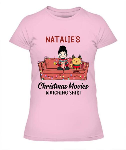 Christmas Movie Watching Girl And Cat Personalized Graphic Apparel - Girl, Cats and Names can be customized