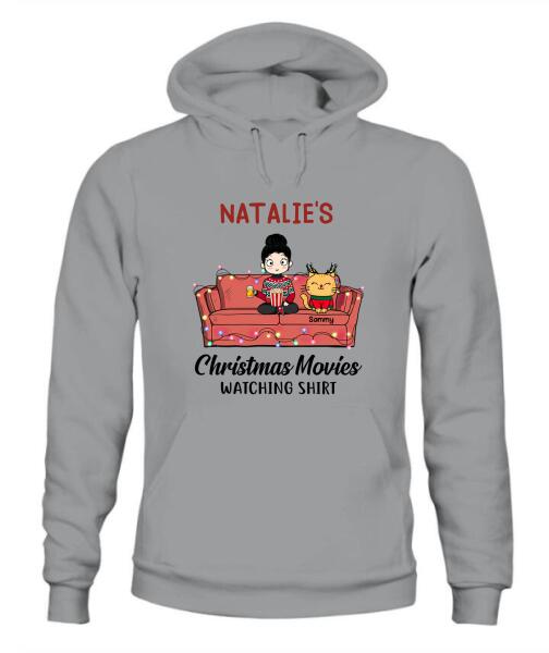 Christmas Movie Watching Girl And Cat Personalized Graphic Apparel - Girl, Cats and Names can be customized