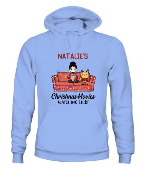 Christmas Movie Watching Girl And Cat Personalized Graphic Apparel - Girl, Cats and Names can be customized