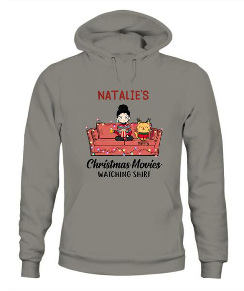 Christmas Movie Watching Girl And Cat Personalized Graphic Apparel - Girl, Cats and Names can be customized
