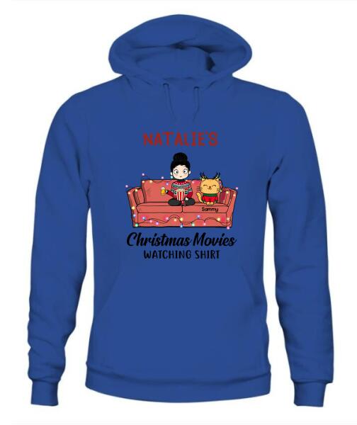 Christmas Movie Watching Girl And Cat Personalized Graphic Apparel - Girl, Cats and Names can be customized