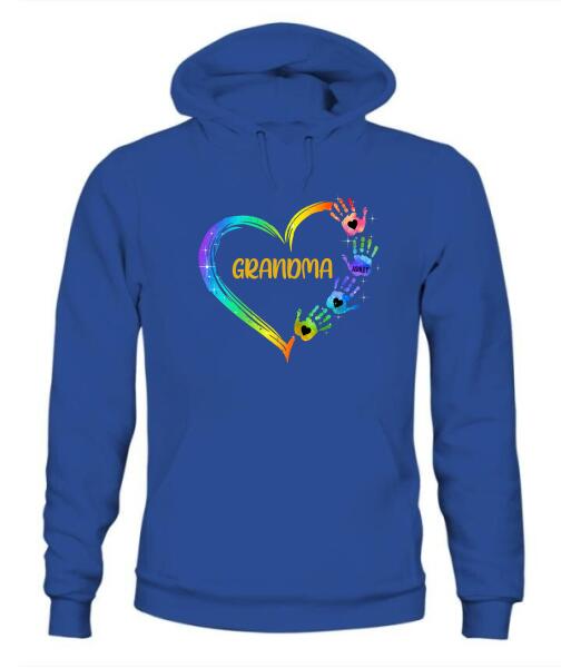 Grandma Mom Heart Hand Print Personalized Graphic Apparel - Title, Number of Kids and Name can be customized