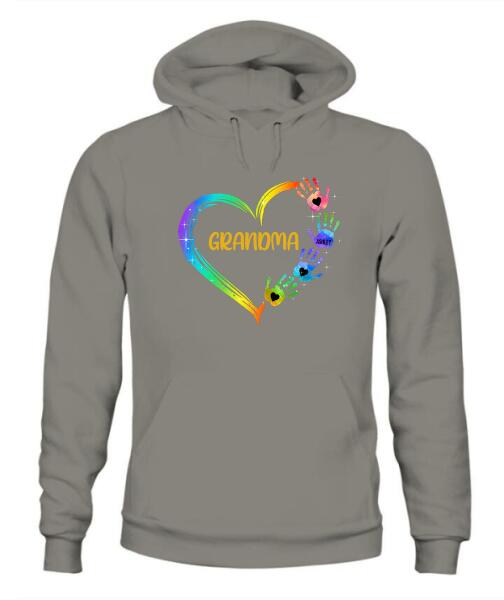 Grandma Mom Heart Hand Print Personalized Graphic Apparel - Title, Number of Kids and Name can be customized