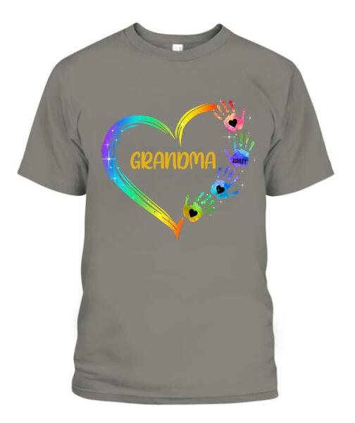 Grandma Mom Heart Hand Print Personalized Graphic Apparel - Title, Number of Kids and Name can be customized