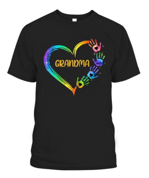 Grandma Mom Heart Hand Print Personalized Graphic Apparel - Title, Number of Kids and Name can be customized