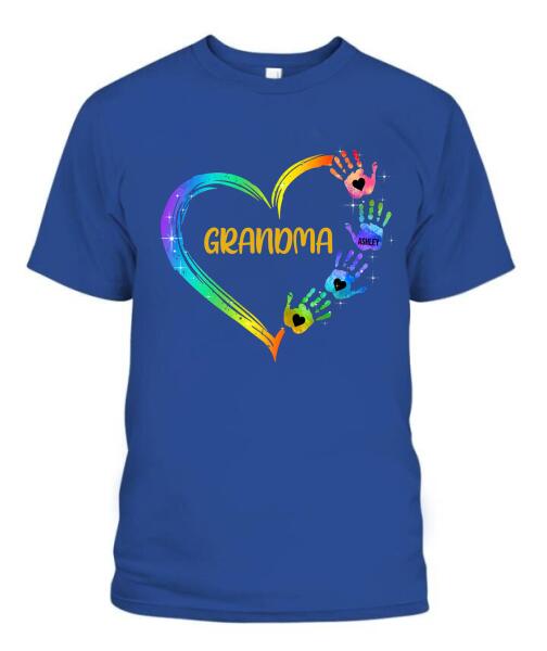 Grandma Mom Heart Hand Print Personalized Graphic Apparel - Title, Number of Kids and Name can be customized