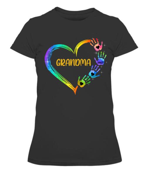Grandma Mom Heart Hand Print Personalized Graphic Apparel - Title, Number of Kids and Name can be customized