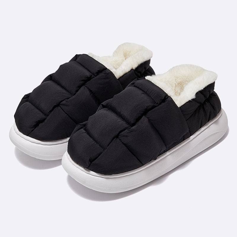 Comwarm New Fashion Plush Slippers For Woman Man Bread Shoes Winter Warm Thick Platform Waterproof Slippers Outdoor Home Shoes