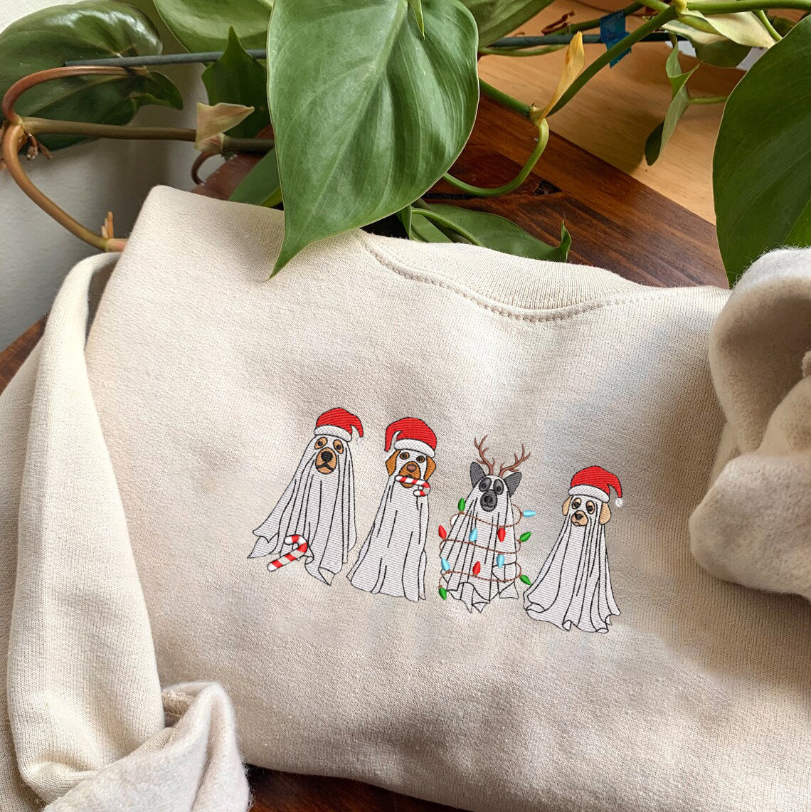 Embroidered Dog Ghost Christmas Hoodie Sweatshirt T-Shirt