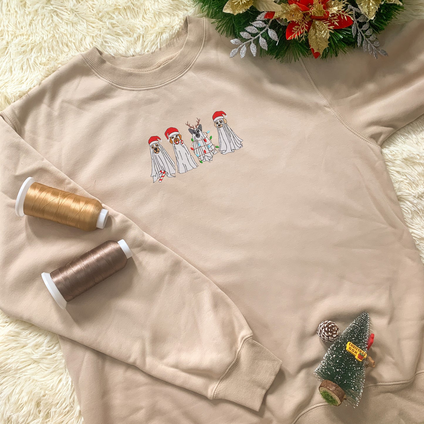 Embroidered Dog Ghost Christmas Hoodie Sweatshirt T-Shirt