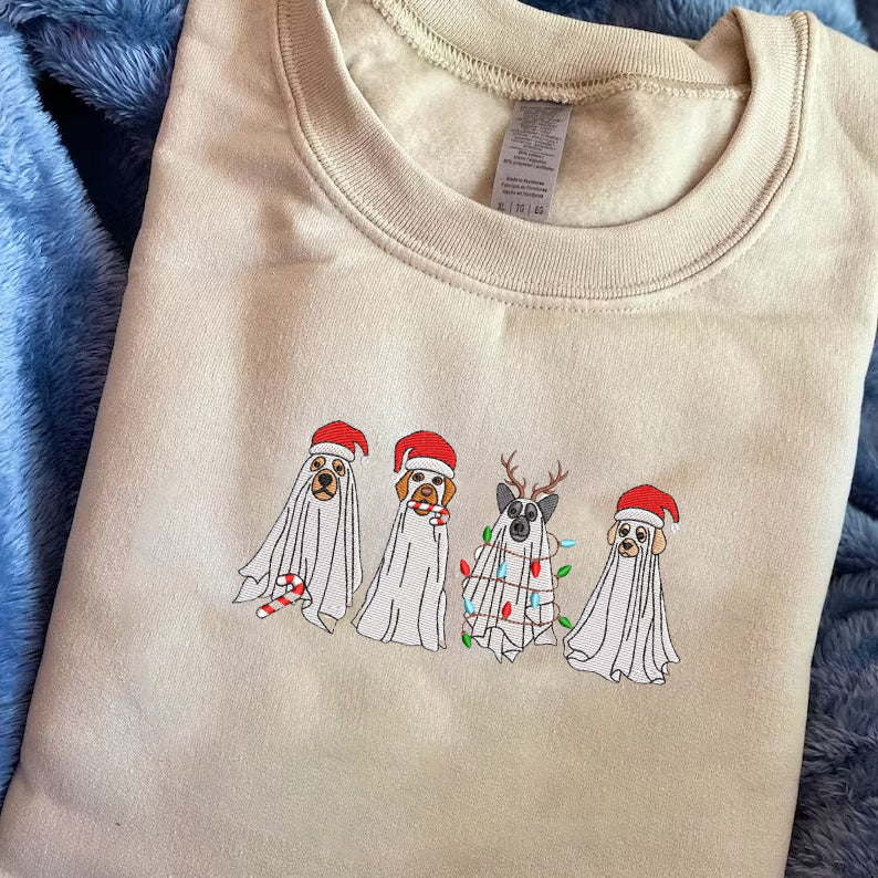 Embroidered Dog Ghost Christmas Hoodie Sweatshirt T-Shirt
