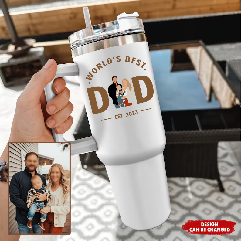 Father's Day World's Best Dad Personalized Text 40oz Insulated Mug with Handle and Straw Stainless Steel Custom Travel Cup Gift for Family Friends Couples