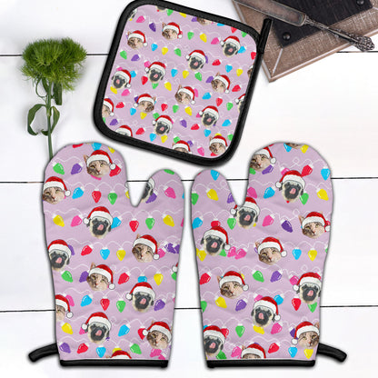 Personalized Pet Dog Cat Christmas Light Apron Oven mitt And Pot Holder Set