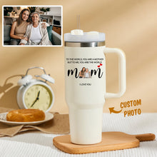 Load image into Gallery viewer, Mother&#39;s Day To Me You Are The World Personalized Text 40oz Insulated Mug with Handle and Straw Stainless Steel Custom Travel Cup Gift for Family Friends Couples
