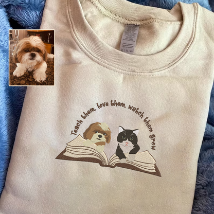 Personalized Embroidered Pet Dog Cat Reading Book Hoodie Sweatshirt T-Shirt