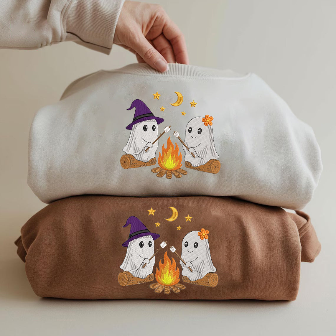 Halloween Personalized Embroidered Ghost Campfire Crew Cute Hoodie Sweatshirt T-Shirt