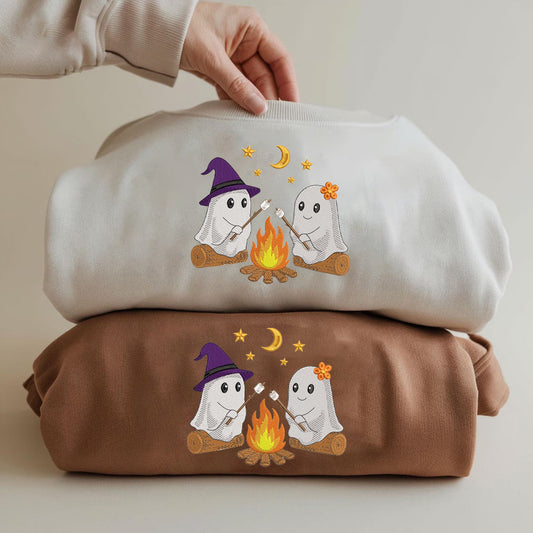 Halloween Personalized Embroidered Ghost Campfire Crew Cute Hoodie Sweatshirt T-Shirt