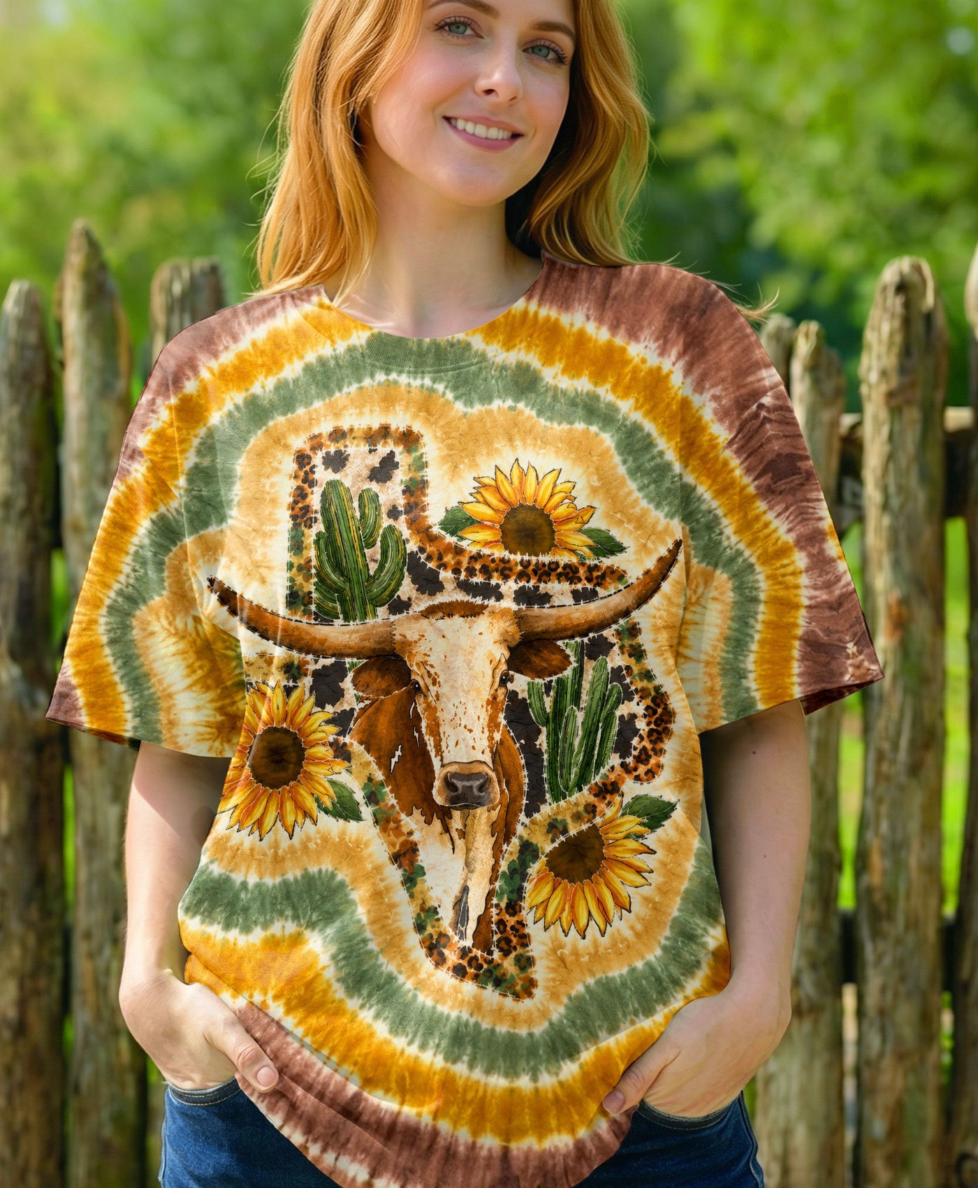 LONGHORN SUNFLOWER TEXAS MAP SWIRL ALL OVER PRINT   - TLHN2906261