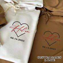 Load image into Gallery viewer, Valentine Embroidered Custom Names &amp; Date Couple Hoodie Sweatshirt T-shirt
