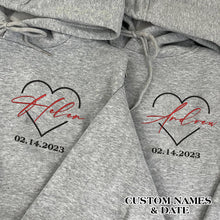 Load image into Gallery viewer, Valentine Embroidered Custom Names &amp; Date Couple Hoodie Sweatshirt T-shirt
