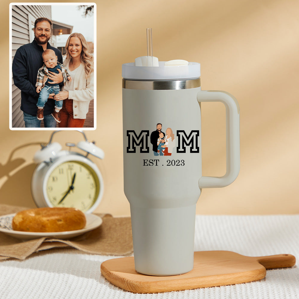 Mother's Day Personalized Text 40oz Insulated Mug with Handle and Straw Stainless Steel Custom Travel Cup Gift for Family Friends Couples