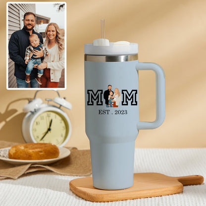Mother's Day Personalized Text 40oz Insulated Mug with Handle and Straw Stainless Steel Custom Travel Cup Gift for Family Friends Couples