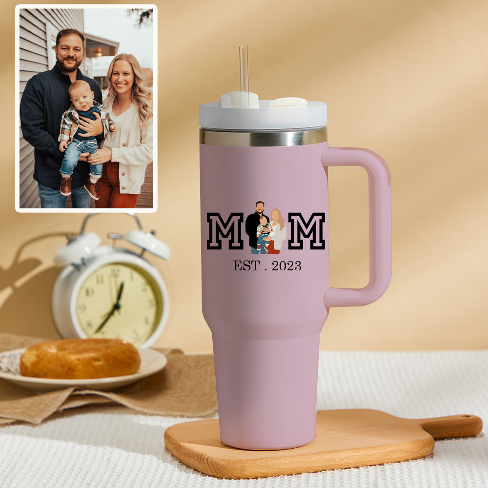 Mother's Day Personalized Text 40oz Insulated Mug with Handle and Straw Stainless Steel Custom Travel Cup Gift for Family Friends Couples