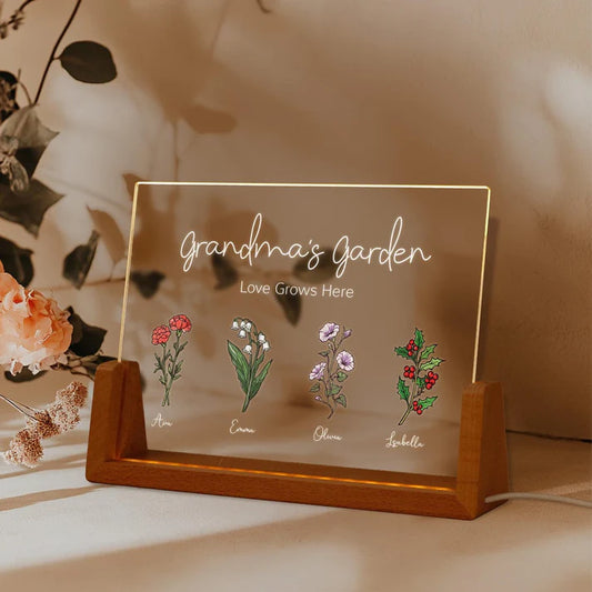 Grandmas Garden Custom Acrylic LED Night Light, Gift For Grandma, Mother's Day Gift