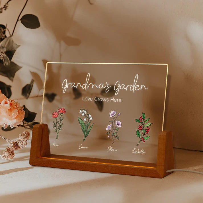 Grandmas Garden Custom Acrylic LED Night Light, Gift For Grandma, Mother's Day Gift
