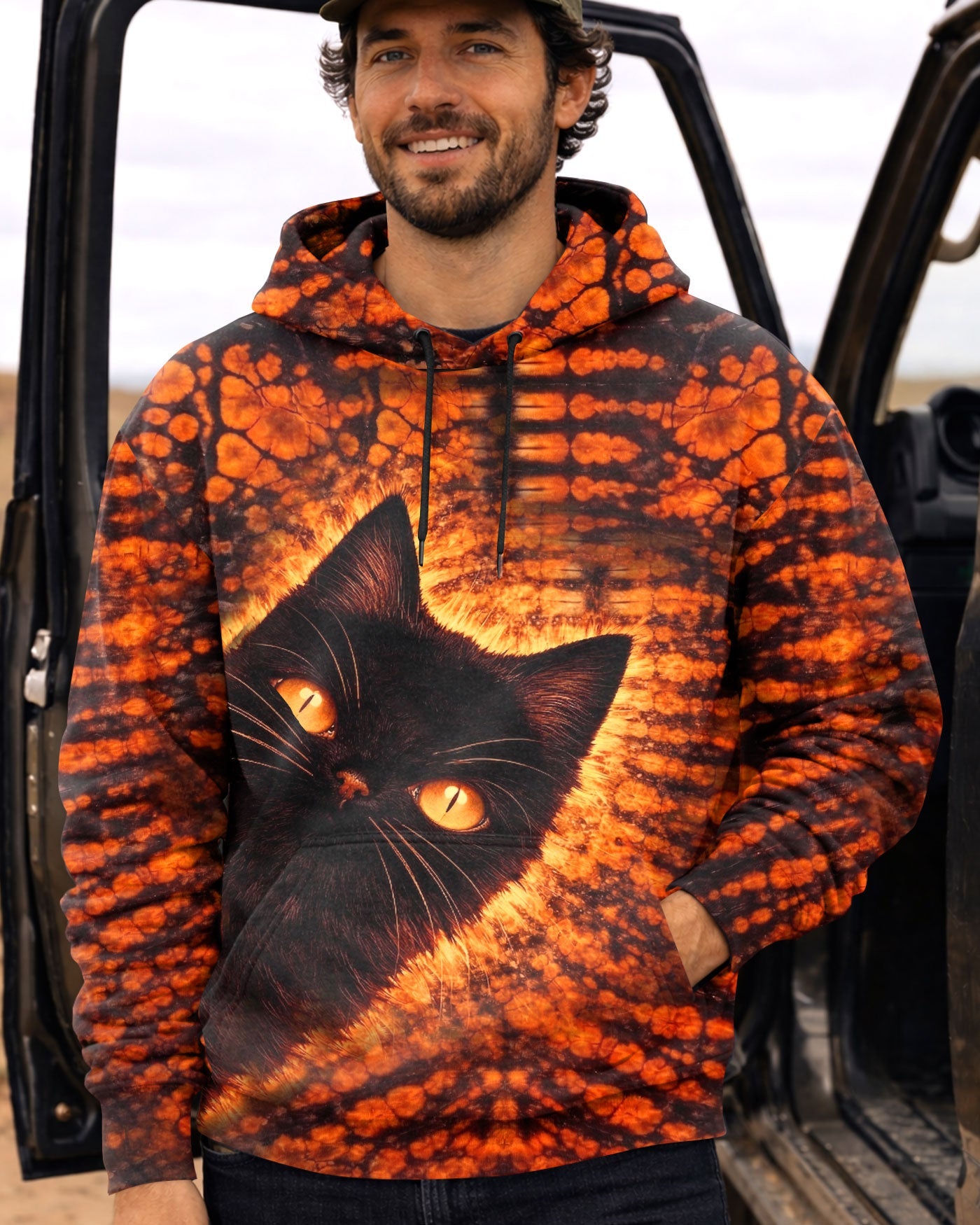BLACK CAT BLACK & ORANGE SWIRL ALL OVER PRINT - TLHN0604261