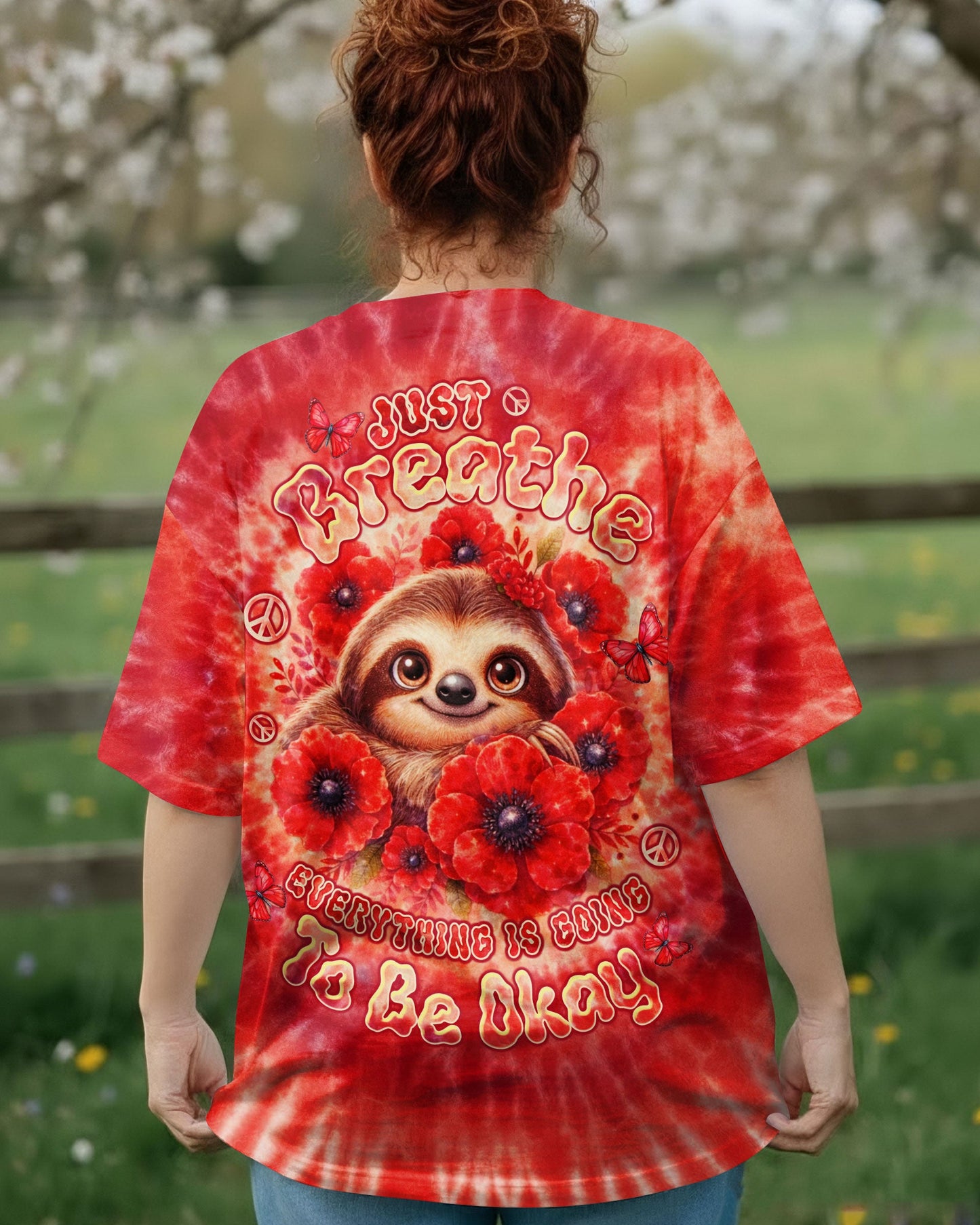 JUST BREATHE SLOTH RED SWIRL ALL OVER PRINT - TLTW0804261