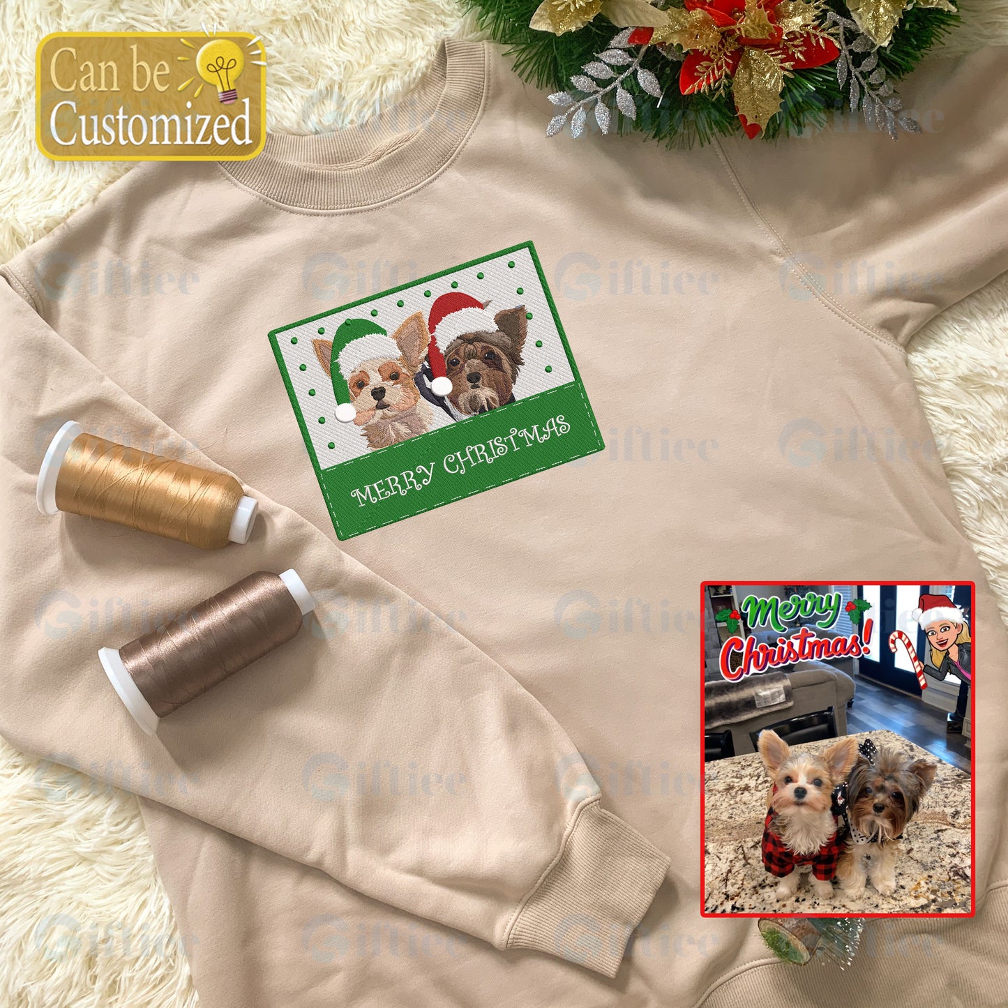 Personalized Embroidered Christmas Pet Dog Cat Frame Hoodie Sweatshirt T-Shirt