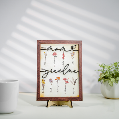 Mother's Day Personalized Birth Month Flower Sign First Mom Now Grandma Wooden Floral Name Frame