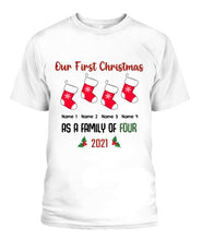 Load image into Gallery viewer, Our Family First Christmas Personalized Graphic Apparel - Design and Names can be customized
