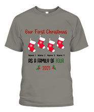 Load image into Gallery viewer, Our Family First Christmas Personalized Graphic Apparel - Design and Names can be customized
