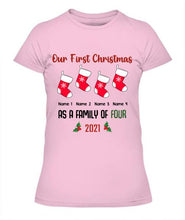 Load image into Gallery viewer, Our Family First Christmas Personalized Graphic Apparel - Design and Names can be customized
