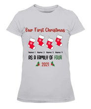 Load image into Gallery viewer, Our Family First Christmas Personalized Graphic Apparel - Design and Names can be customized
