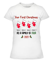 Load image into Gallery viewer, Our Family First Christmas Personalized Graphic Apparel - Design and Names can be customized
