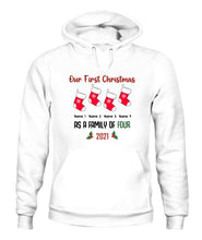 Load image into Gallery viewer, Our Family First Christmas Personalized Graphic Apparel - Design and Names can be customized
