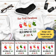 Load image into Gallery viewer, Our Family First Christmas Personalized Graphic Apparel - Design and Names can be customized
