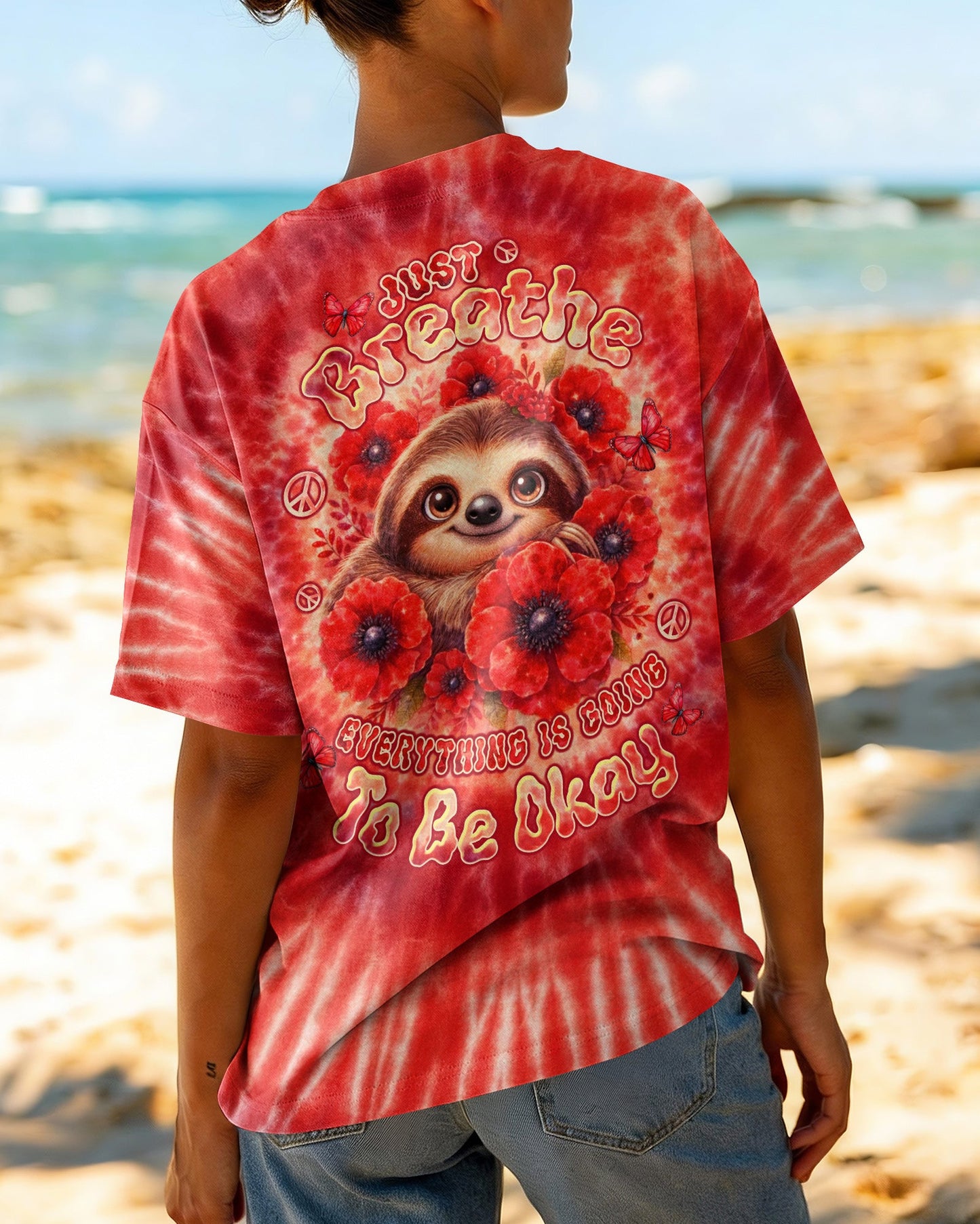 JUST BREATHE SLOTH RED SWIRL ALL OVER PRINT - TLTW0804261